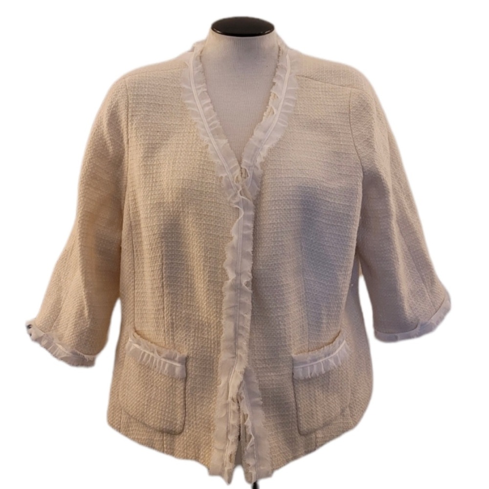Talbots Cream And Ivory Ruffle Lace Trim Wool Blend Blazer Jacket 14P